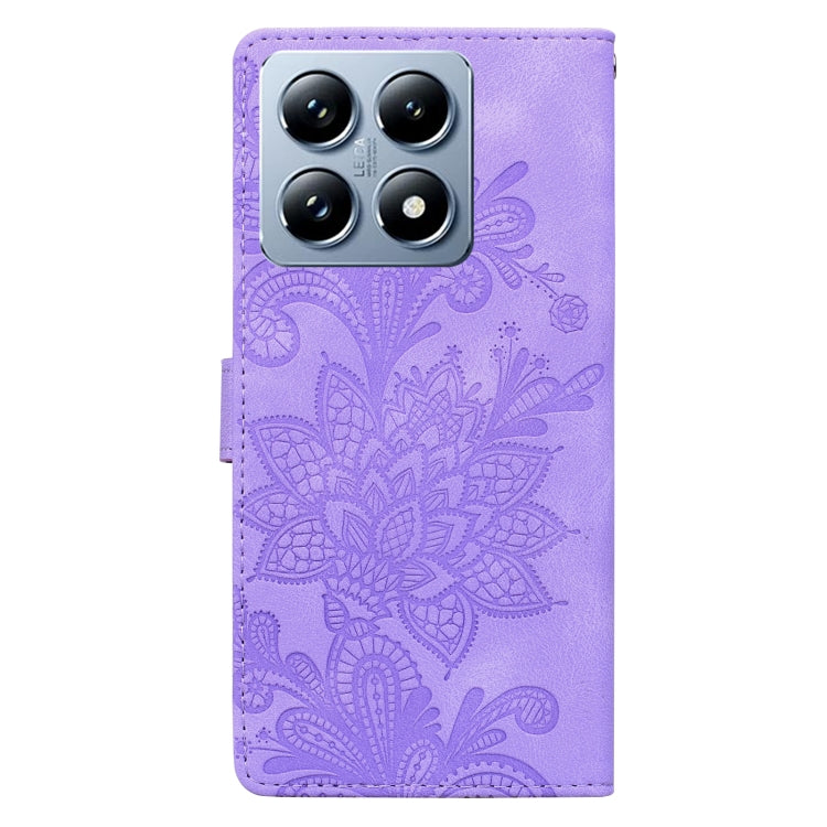 For Xiaomi 14T Pro Lace Floral Embossed Magnetic Buckle PU Phone Case With Wrist Strap