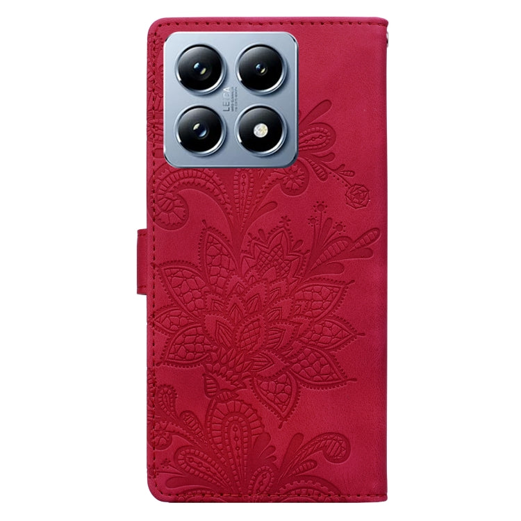 For Xiaomi 14T Pro Lace Floral Embossed Magnetic Buckle PU Phone Case With Wrist Strap