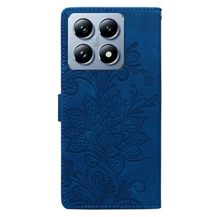 For Xiaomi 14T Pro Lace Floral Embossed Magnetic Buckle PU Phone Case With Wrist Strap
