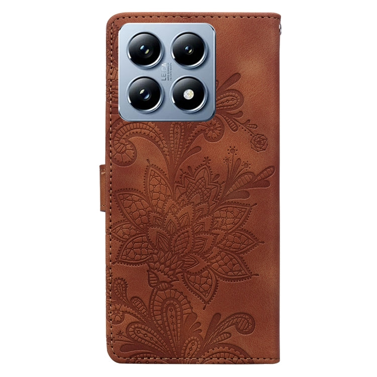 For Xiaomi 14T Pro Lace Floral Embossed Magnetic Buckle PU Phone Case With Wrist Strap