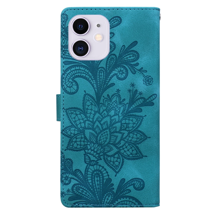 For iPhone 11 Lace Floral Embossed Magnetic Buckle PU Phone Case With Wrist Strap