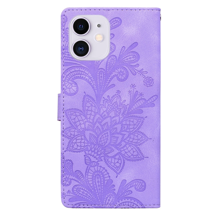 For iPhone 11 Lace Floral Embossed Magnetic Buckle PU Phone Case With Wrist Strap