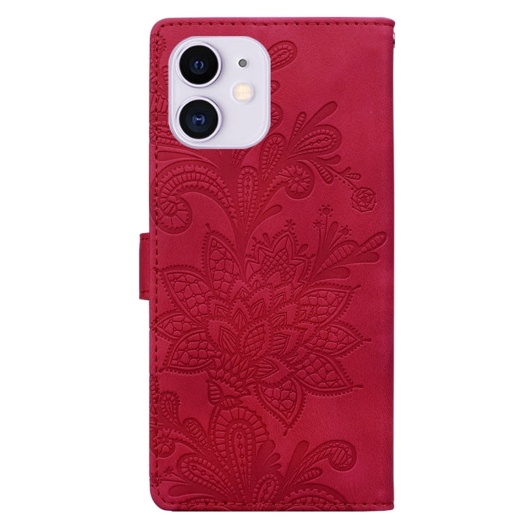 For iPhone 11 Lace Floral Embossed Magnetic Buckle PU Phone Case With Wrist Strap
