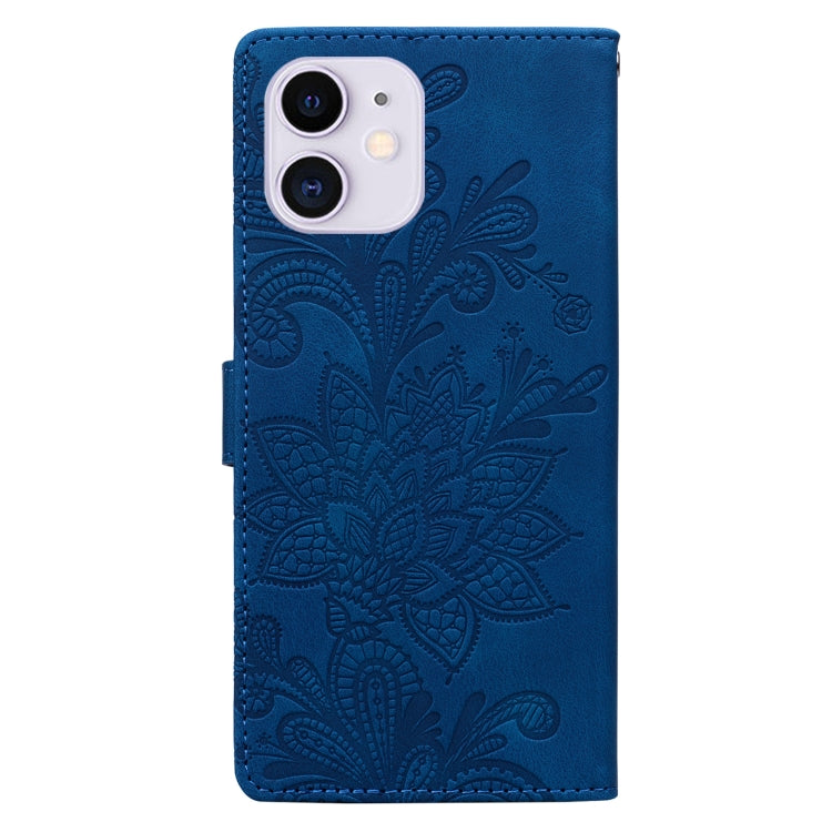 For iPhone 11 Lace Floral Embossed Magnetic Buckle PU Phone Case With Wrist Strap