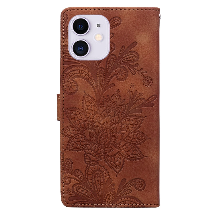 For iPhone 11 Lace Floral Embossed Magnetic Buckle PU Phone Case With Wrist Strap