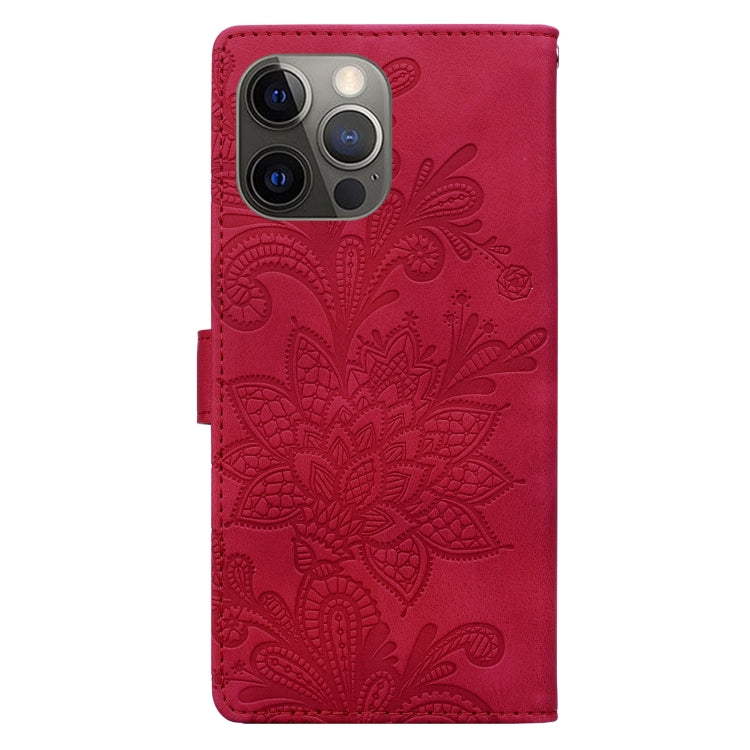 For iPhone 11 Pro Lace Floral Embossed Magnetic Buckle PU Phone Case With Wrist Strap