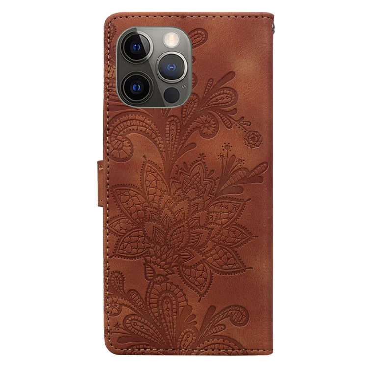 For iPhone 11 Pro Lace Floral Embossed Magnetic Buckle PU Phone Case With Wrist Strap