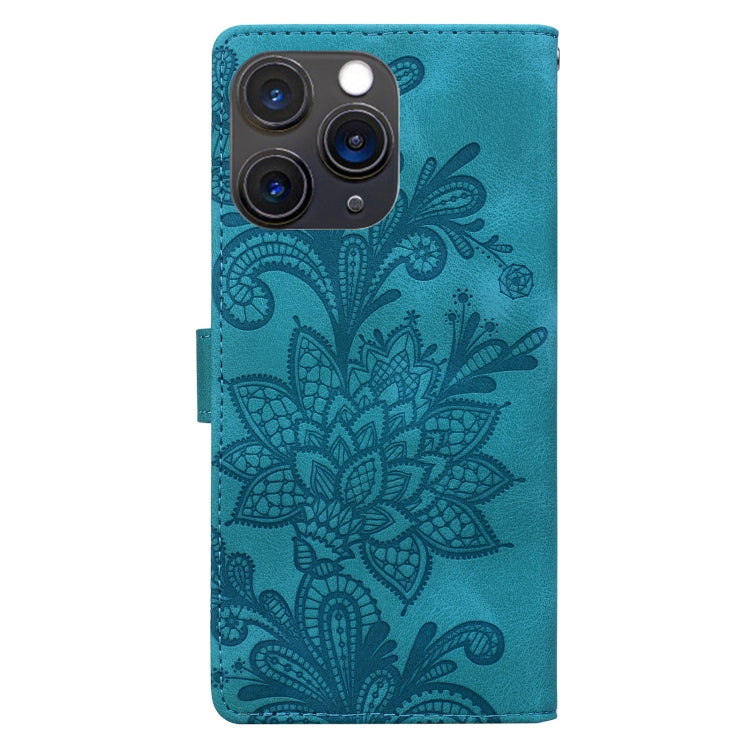 For iPhone 11 Pro Max Lace Floral Embossed Magnetic Buckle PU Phone Case With Wrist Strap