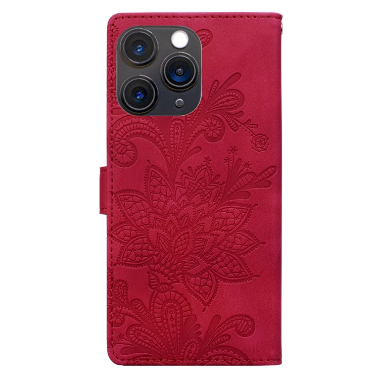 For iPhone 11 Pro Max Lace Floral Embossed Magnetic Buckle PU Phone Case With Wrist Strap