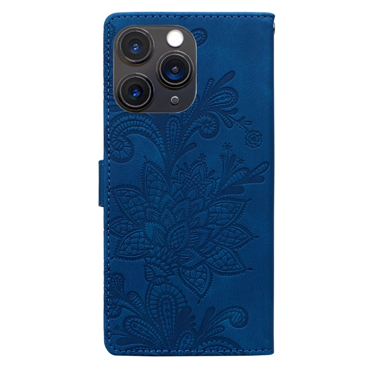 For iPhone 11 Pro Max Lace Floral Embossed Magnetic Buckle PU Phone Case With Wrist Strap