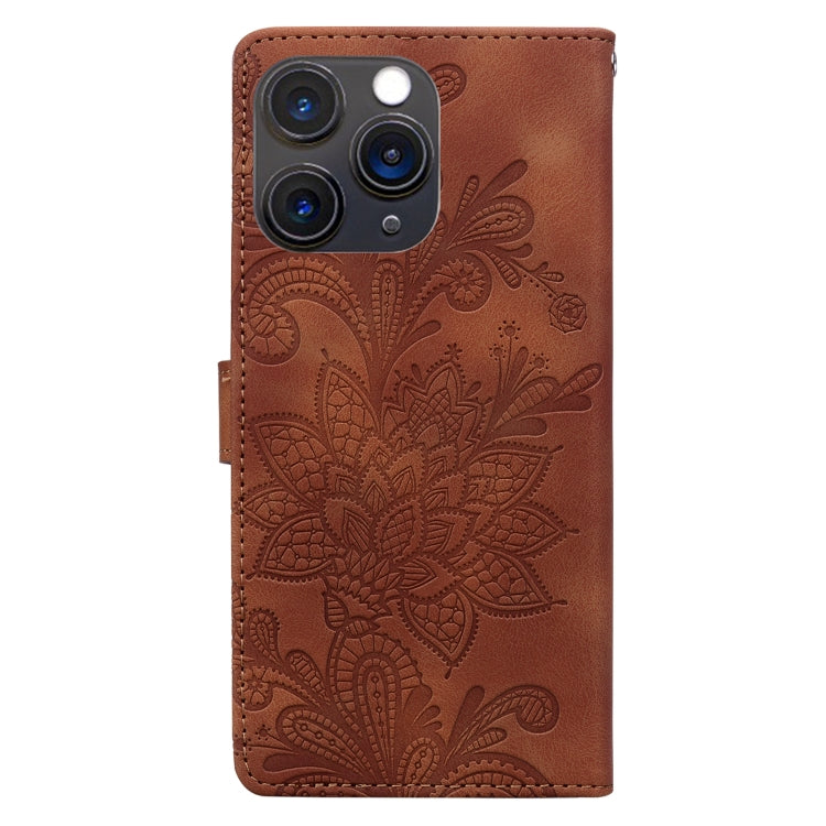 For iPhone 11 Pro Max Lace Floral Embossed Magnetic Buckle PU Phone Case With Wrist Strap
