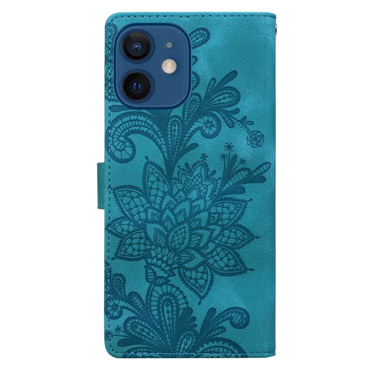 For iPhone 12 Lace Floral Embossed Magnetic Buckle PU Phone Case With Wrist Strap