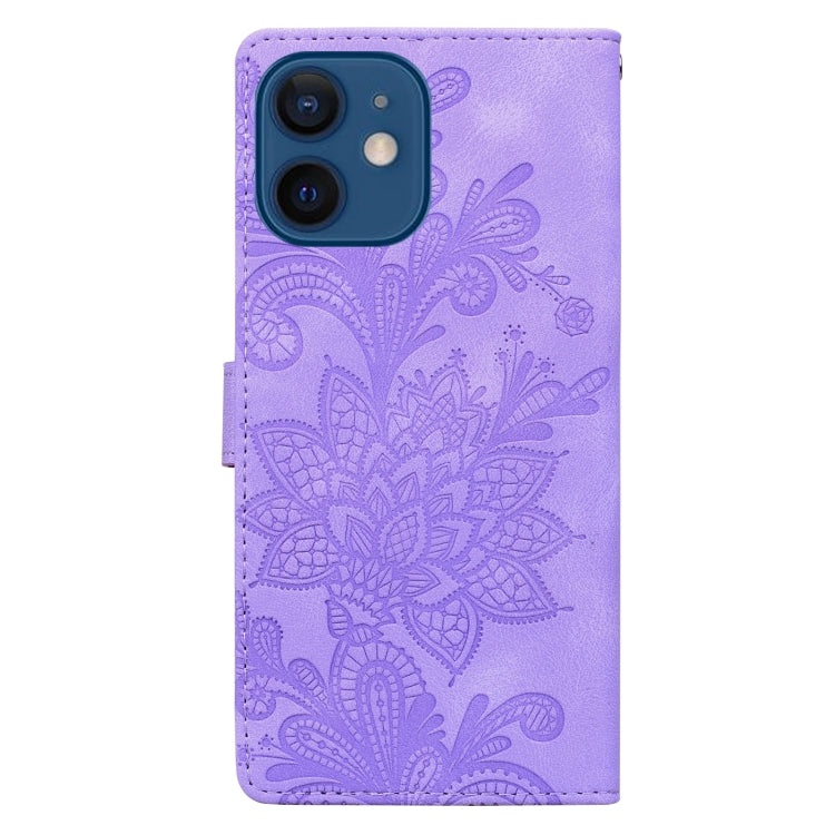 For iPhone 12 Lace Floral Embossed Magnetic Buckle PU Phone Case With Wrist Strap