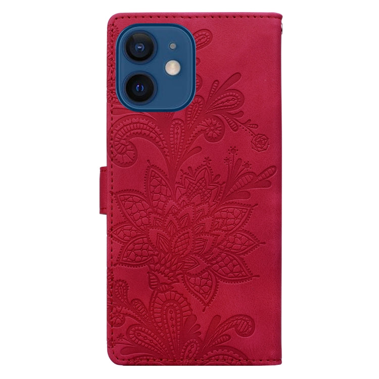 For iPhone 12 Lace Floral Embossed Magnetic Buckle PU Phone Case With Wrist Strap