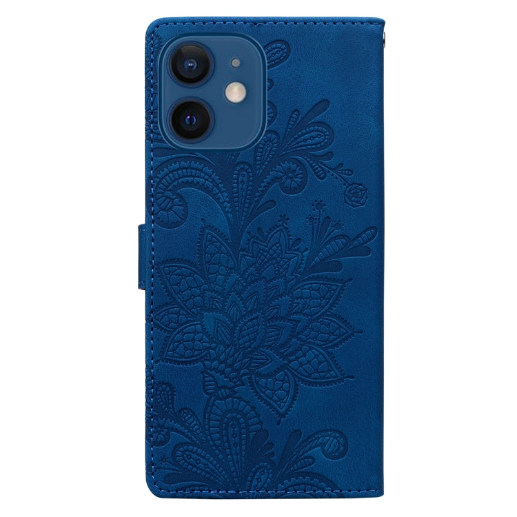 For iPhone 12 Lace Floral Embossed Magnetic Buckle PU Phone Case With Wrist Strap