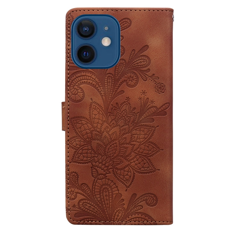 For iPhone 12 Lace Floral Embossed Magnetic Buckle PU Phone Case With Wrist Strap