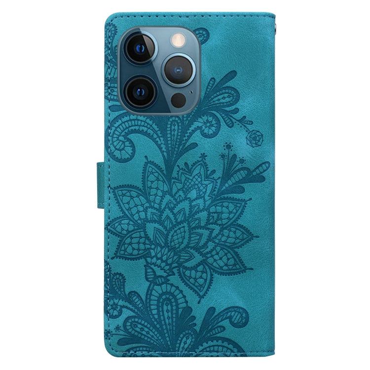 For iPhone 12 Pro Max / 13 Pro Max Lace Floral Embossed Magnetic Buckle PU Phone Case With Wrist Strap
