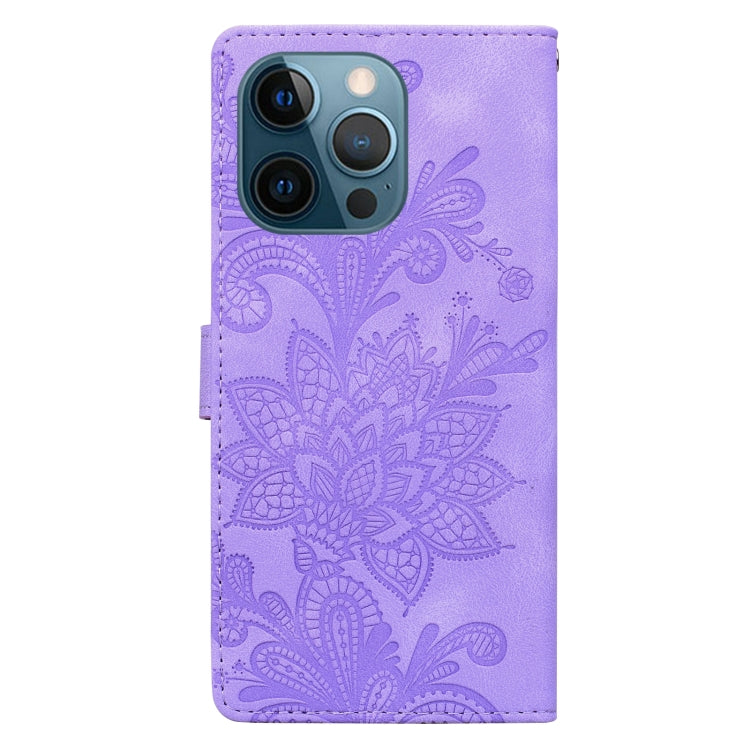 For iPhone 12 Pro Max / 13 Pro Max Lace Floral Embossed Magnetic Buckle PU Phone Case With Wrist Strap