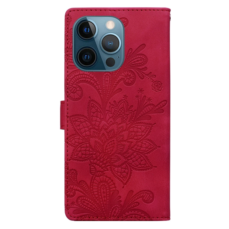 For iPhone 12 Pro Max / 13 Pro Max Lace Floral Embossed Magnetic Buckle PU Phone Case With Wrist Strap
