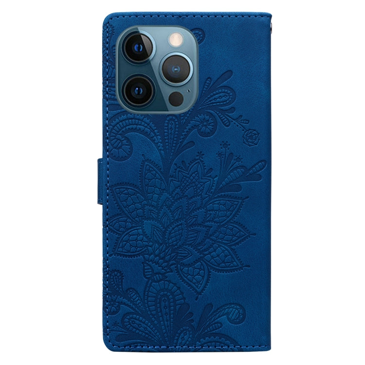 For iPhone 12 Pro Max / 13 Pro Max Lace Floral Embossed Magnetic Buckle PU Phone Case With Wrist Strap