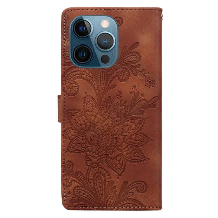 For iPhone 12 Pro Max / 13 Pro Max Lace Floral Embossed Magnetic Buckle PU Phone Case With Wrist Strap