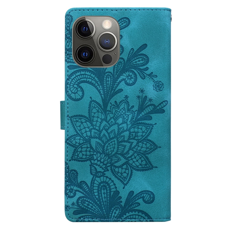 For iPhone 12 Pro Lace Floral Embossed Magnetic Buckle PU Phone Case With Wrist Strap