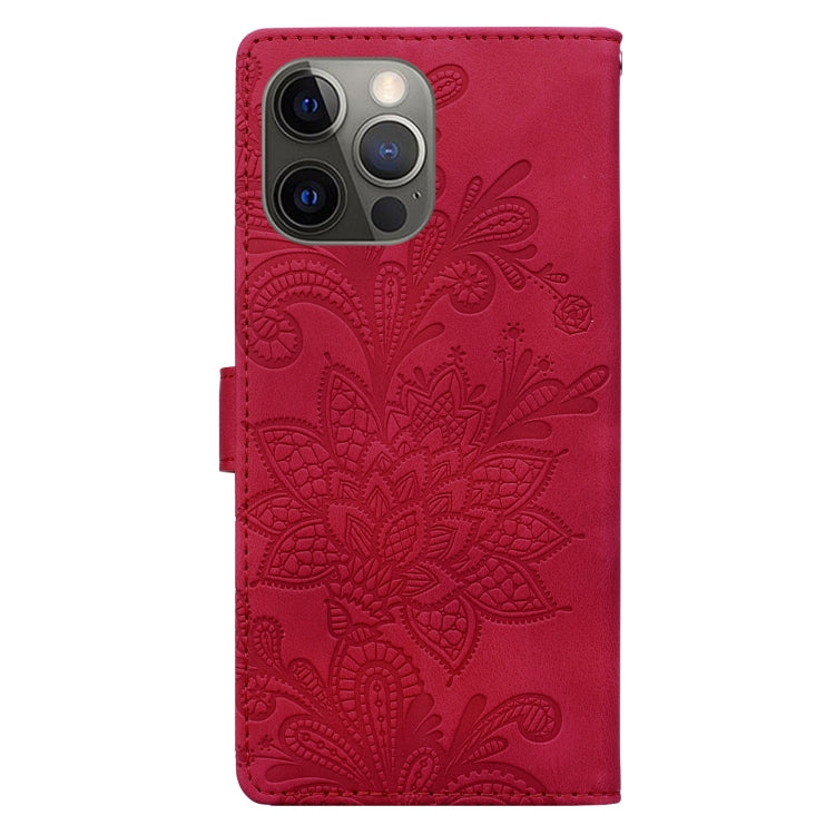 For iPhone 12 Pro Lace Floral Embossed Magnetic Buckle PU Phone Case With Wrist Strap
