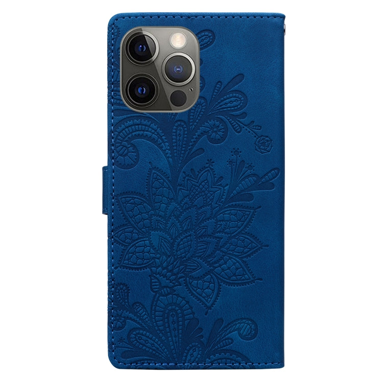 For iPhone 12 Pro Lace Floral Embossed Magnetic Buckle PU Phone Case With Wrist Strap
