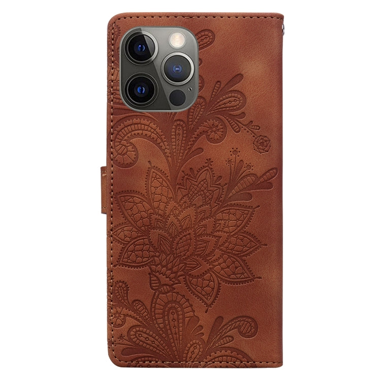 For iPhone 12 Pro Lace Floral Embossed Magnetic Buckle PU Phone Case With Wrist Strap