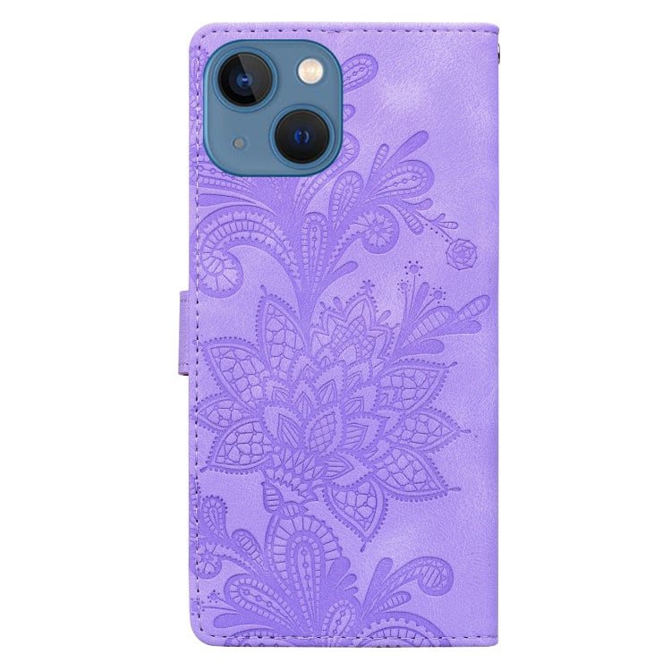 For iPhone 13 / 14 Lace Floral Embossed Magnetic Buckle PU Phone Case With Wrist Strap