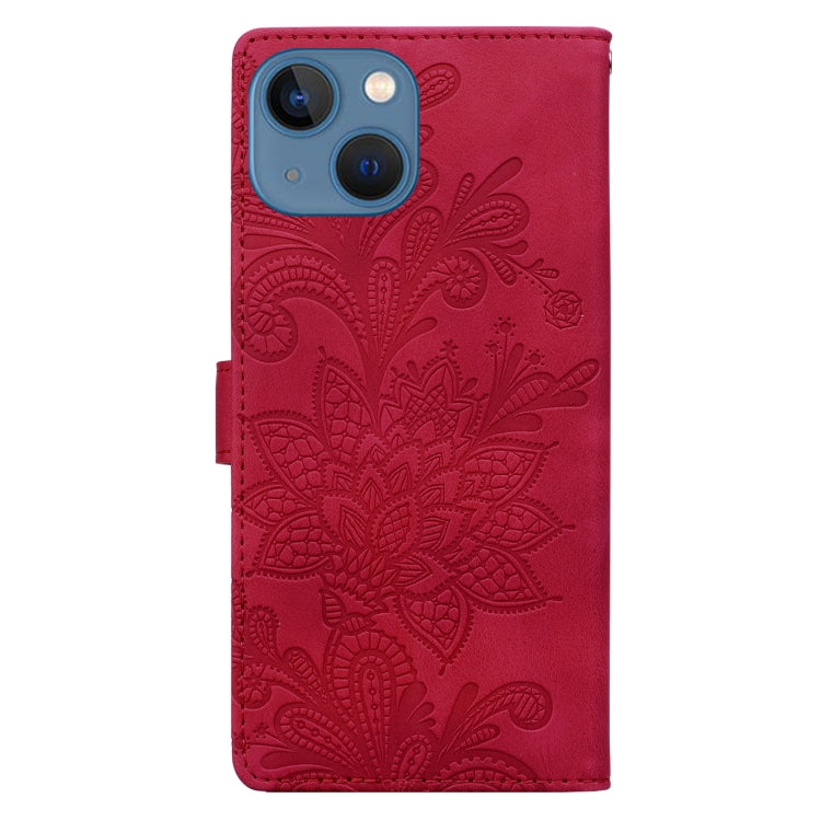 For iPhone 13 / 14 Lace Floral Embossed Magnetic Buckle PU Phone Case With Wrist Strap