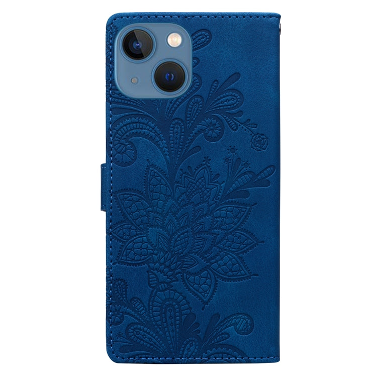 For iPhone 13 / 14 Lace Floral Embossed Magnetic Buckle PU Phone Case With Wrist Strap