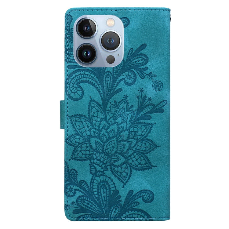 For iPhone 13 Pro Lace Floral Embossed Magnetic Buckle PU Phone Case With Wrist Strap