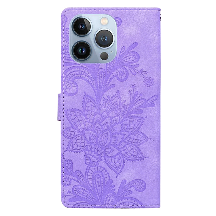For iPhone 13 Pro Lace Floral Embossed Magnetic Buckle PU Phone Case With Wrist Strap
