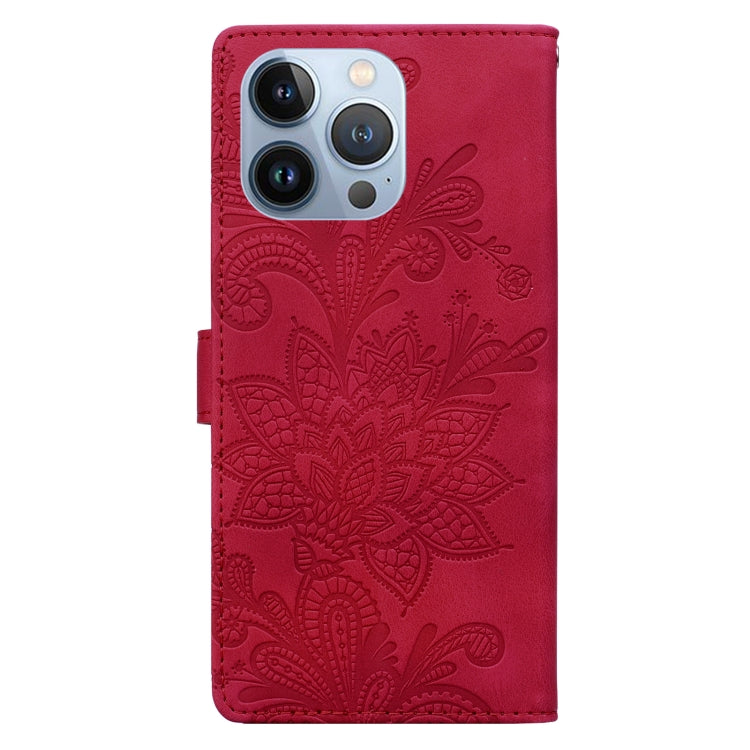 For iPhone 13 Pro Lace Floral Embossed Magnetic Buckle PU Phone Case With Wrist Strap