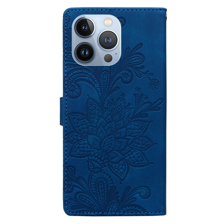For iPhone 13 Pro Lace Floral Embossed Magnetic Buckle PU Phone Case With Wrist Strap