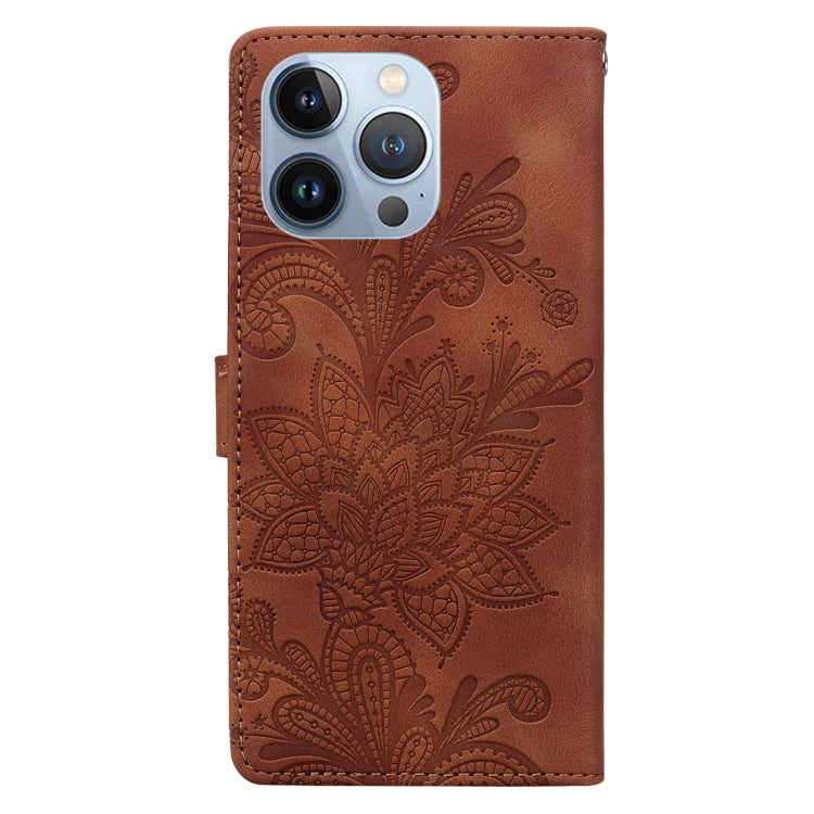 For iPhone 13 Pro Lace Floral Embossed Magnetic Buckle PU Phone Case With Wrist Strap
