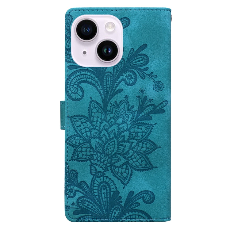 For iPhone 14 Plus / 15 Plus Lace Floral Embossed Magnetic Buckle PU Phone Case With Wrist Strap