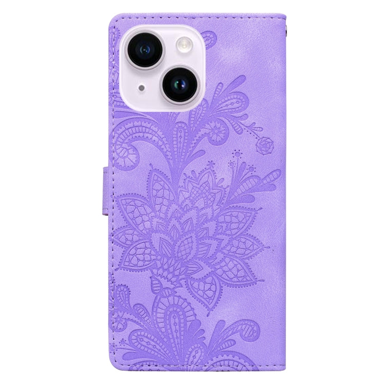 For iPhone 14 Plus / 15 Plus Lace Floral Embossed Magnetic Buckle PU Phone Case With Wrist Strap
