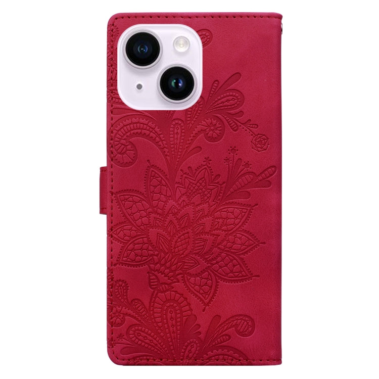 For iPhone 14 Plus / 15 Plus Lace Floral Embossed Magnetic Buckle PU Phone Case With Wrist Strap