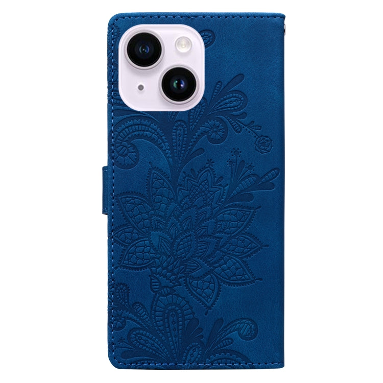 For iPhone 14 Plus / 15 Plus Lace Floral Embossed Magnetic Buckle PU Phone Case With Wrist Strap