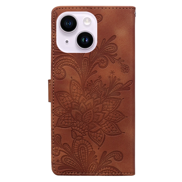 For iPhone 14 Plus / 15 Plus Lace Floral Embossed Magnetic Buckle PU Phone Case With Wrist Strap