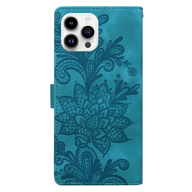 For iPhone 14 Pro Lace Floral Embossed Magnetic Buckle PU Phone Case With Wrist Strap