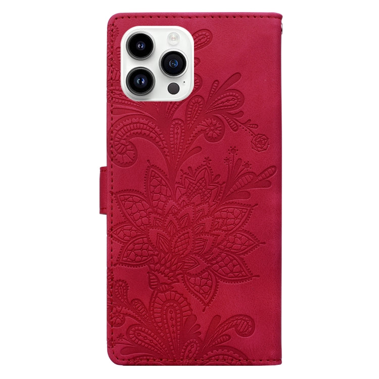 For iPhone 14 Pro Lace Floral Embossed Magnetic Buckle PU Phone Case With Wrist Strap