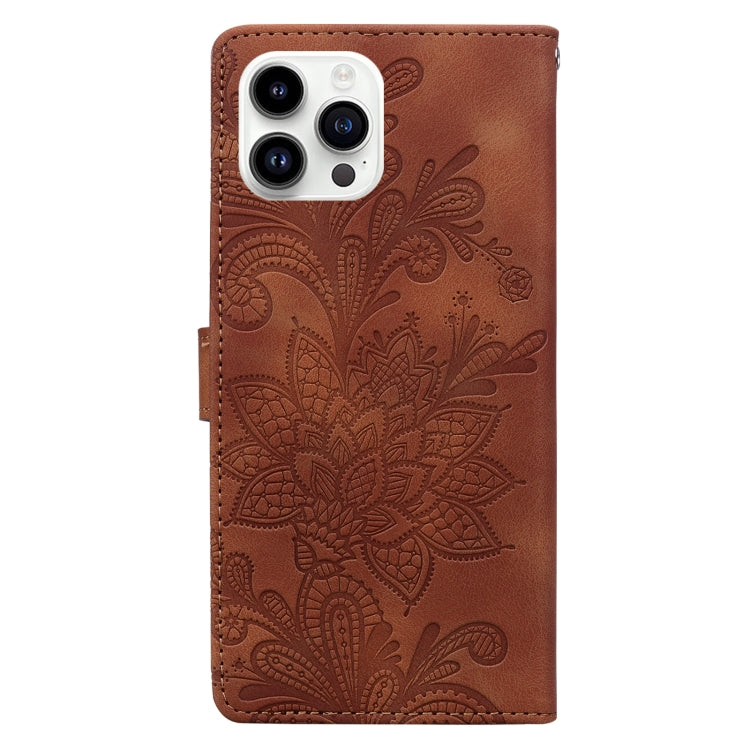 For iPhone 14 Pro Lace Floral Embossed Magnetic Buckle PU Phone Case With Wrist Strap