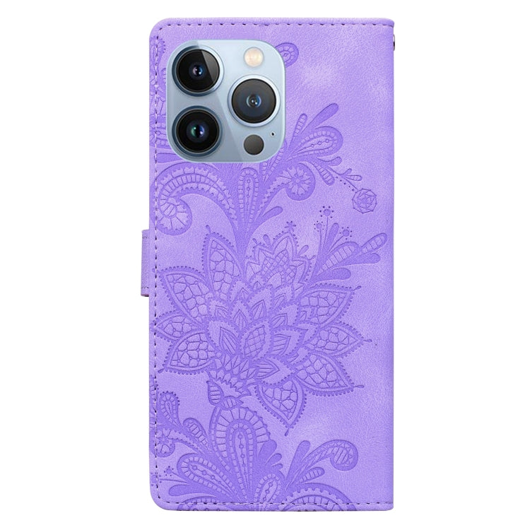 For iPhone 14 Pro Max Lace Floral Embossed Magnetic Buckle PU Phone Case With Wrist Strap