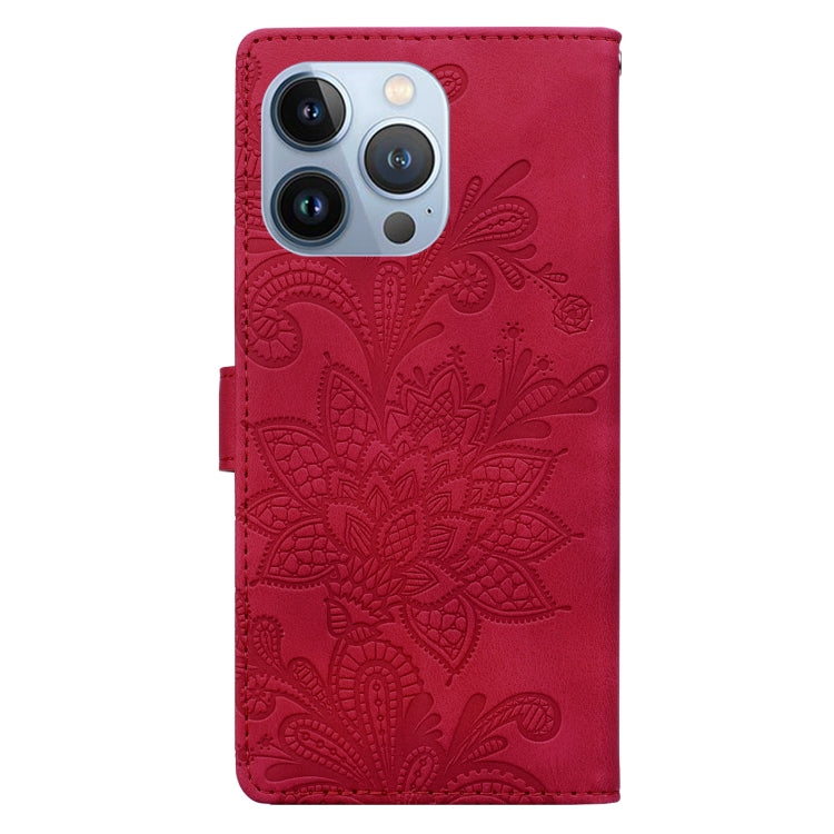For iPhone 14 Pro Max Lace Floral Embossed Magnetic Buckle PU Phone Case With Wrist Strap