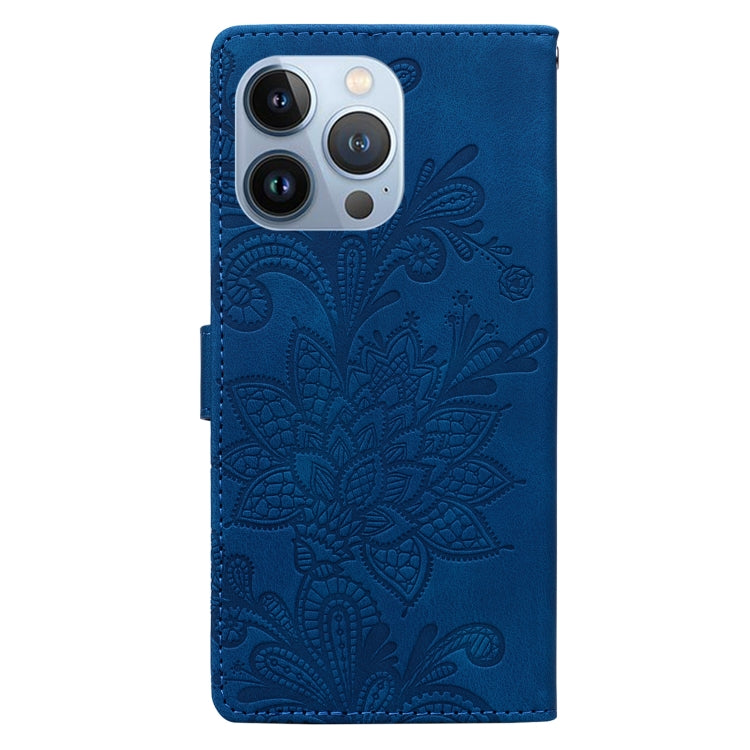For iPhone 14 Pro Max Lace Floral Embossed Magnetic Buckle PU Phone Case With Wrist Strap
