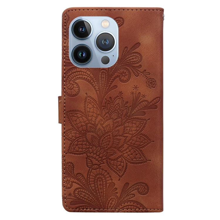 For iPhone 14 Pro Max Lace Floral Embossed Magnetic Buckle PU Phone Case With Wrist Strap