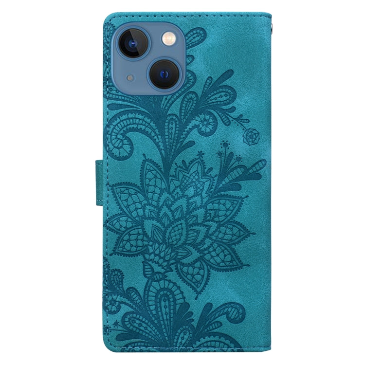 For iPhone 15 Lace Floral Embossed Magnetic Buckle PU Phone Case With Wrist Strap